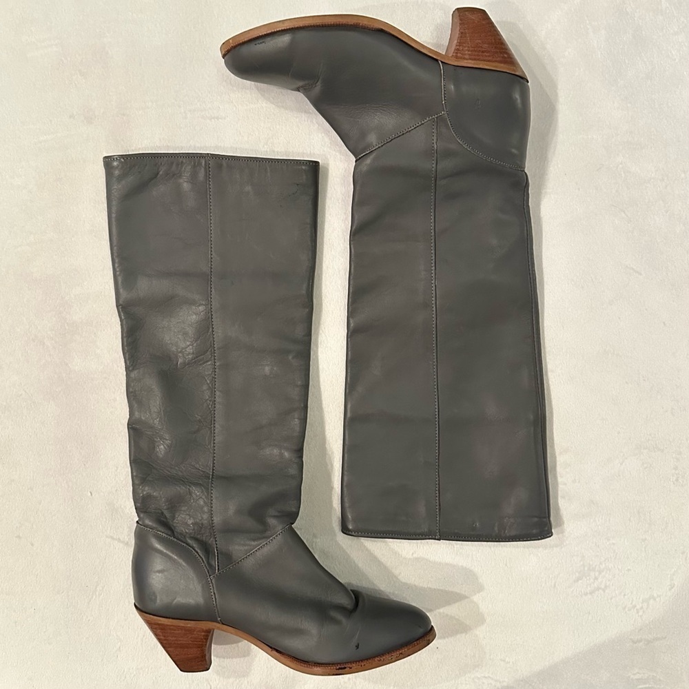 Vintage FRYE Dark Gray Leather Pull On Tall Heeled Boot Sz 7M C2163 cuff or tall - Picture 2 of 14